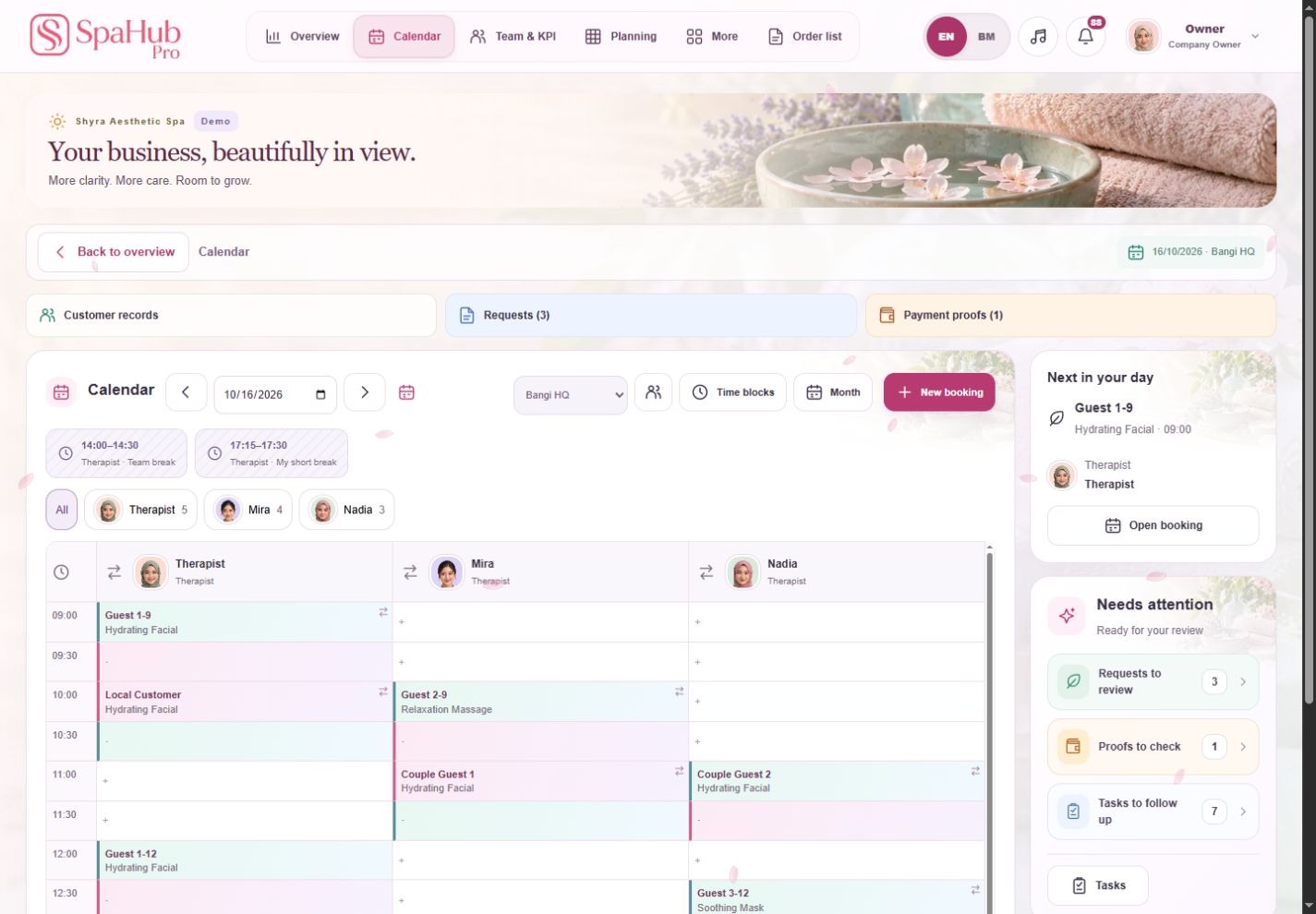 Screenshot sebenar Jadual & tempahan SpaHub Pro pada desktop