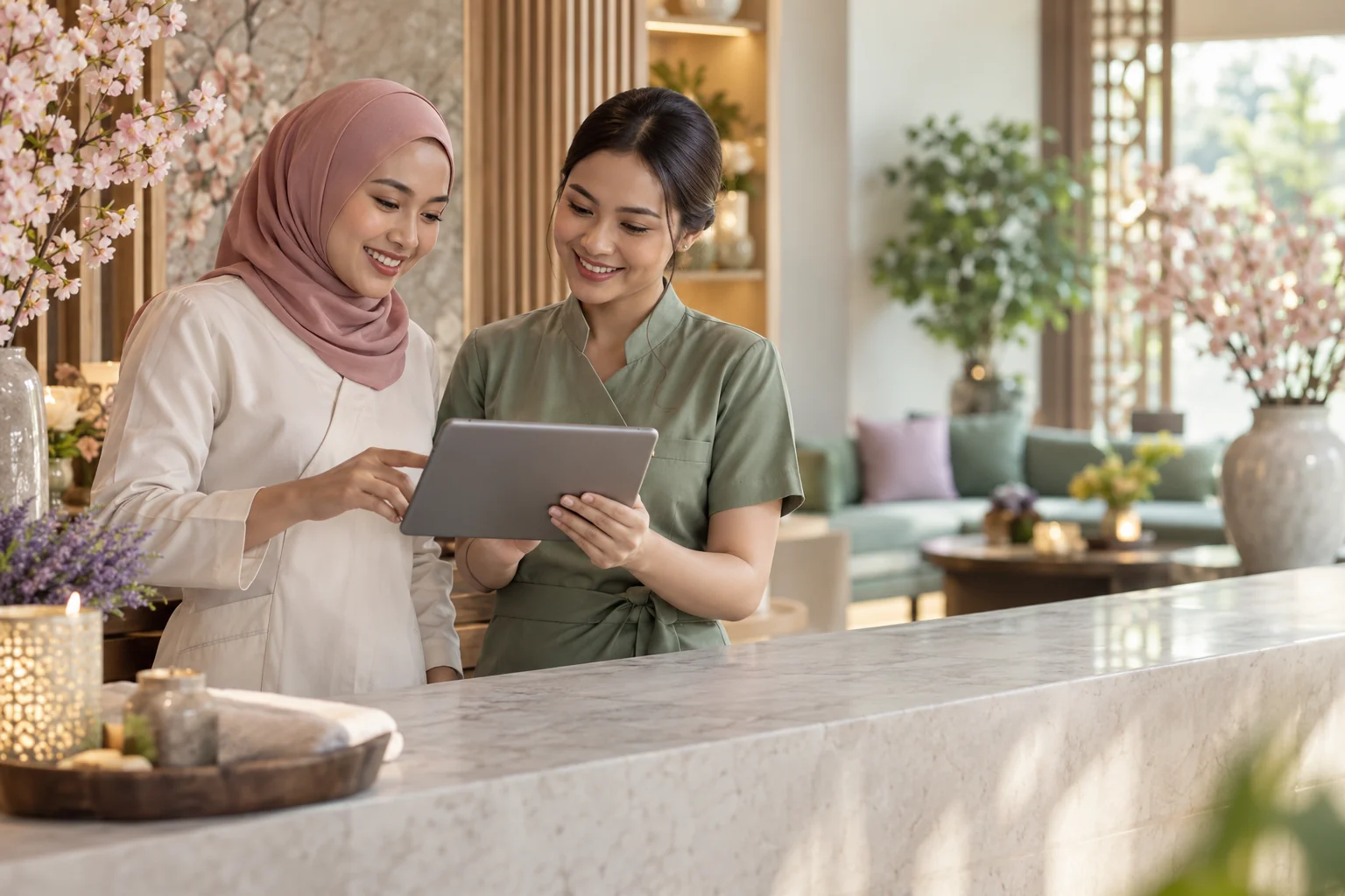 Ilustrasi dua ahli pasukan spa menyemak rancangan kerja bersama