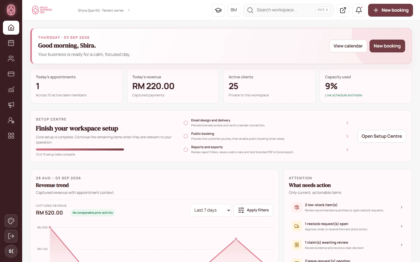Dashboard owner SpaHub Pro dengan data demo